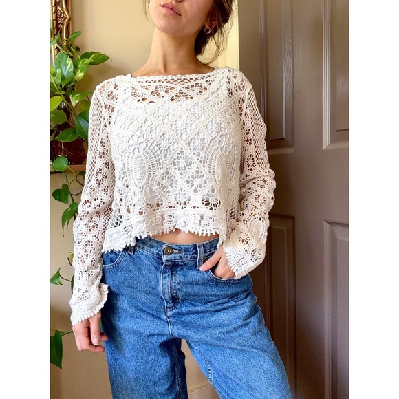 Good Luck Gem Tops - Indie Crochet Long Sleeve Cropped Top